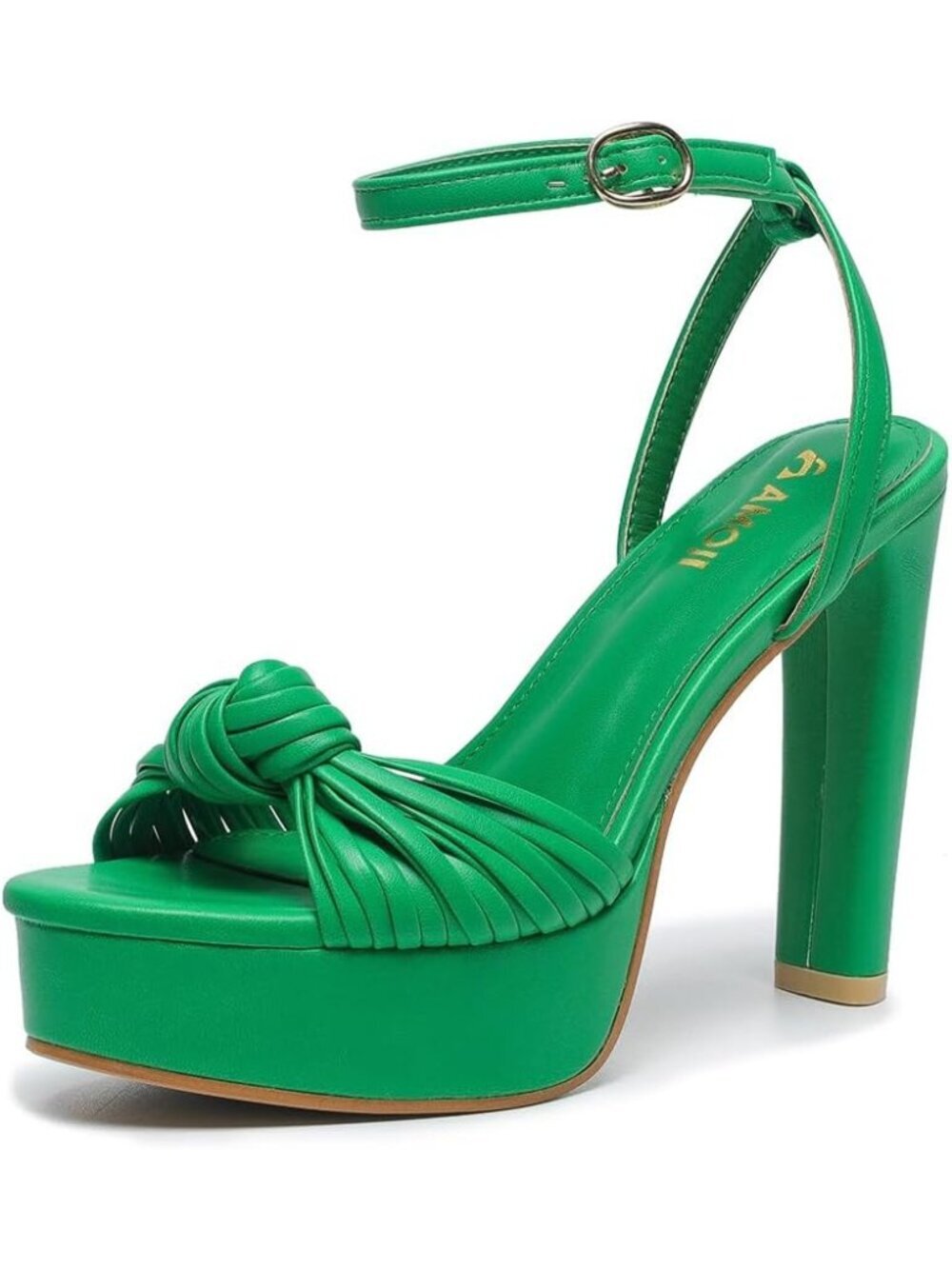 Women's Green PU 4.8 Inches Braid Knot Platform Block Heels Open Toe Heeled
